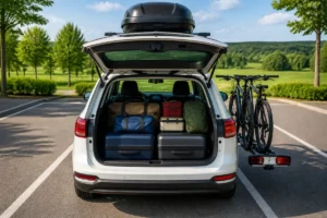 Entretien auto avant long trajet : voiture familiale chargée et bagages correctement répartis dans le coffre ouvert