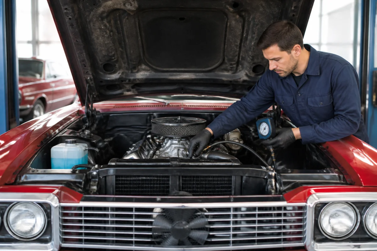 Mécanicien inspectant le circuit de refroidissement d’une voiture américaine lors de l’entretien du moteur, capot ouvert