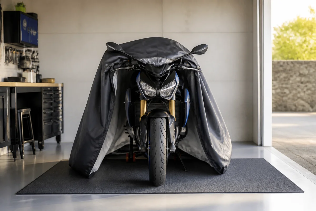 Moto préparée pour l’entretien avant hivernage, sous housse respirante dans un garage sec et ventilé