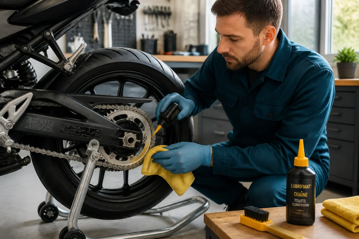 Motocycliste nettoyant et lubrifiant la chaîne d’une moto avant l’hivernage dans un garage domestique lumineux