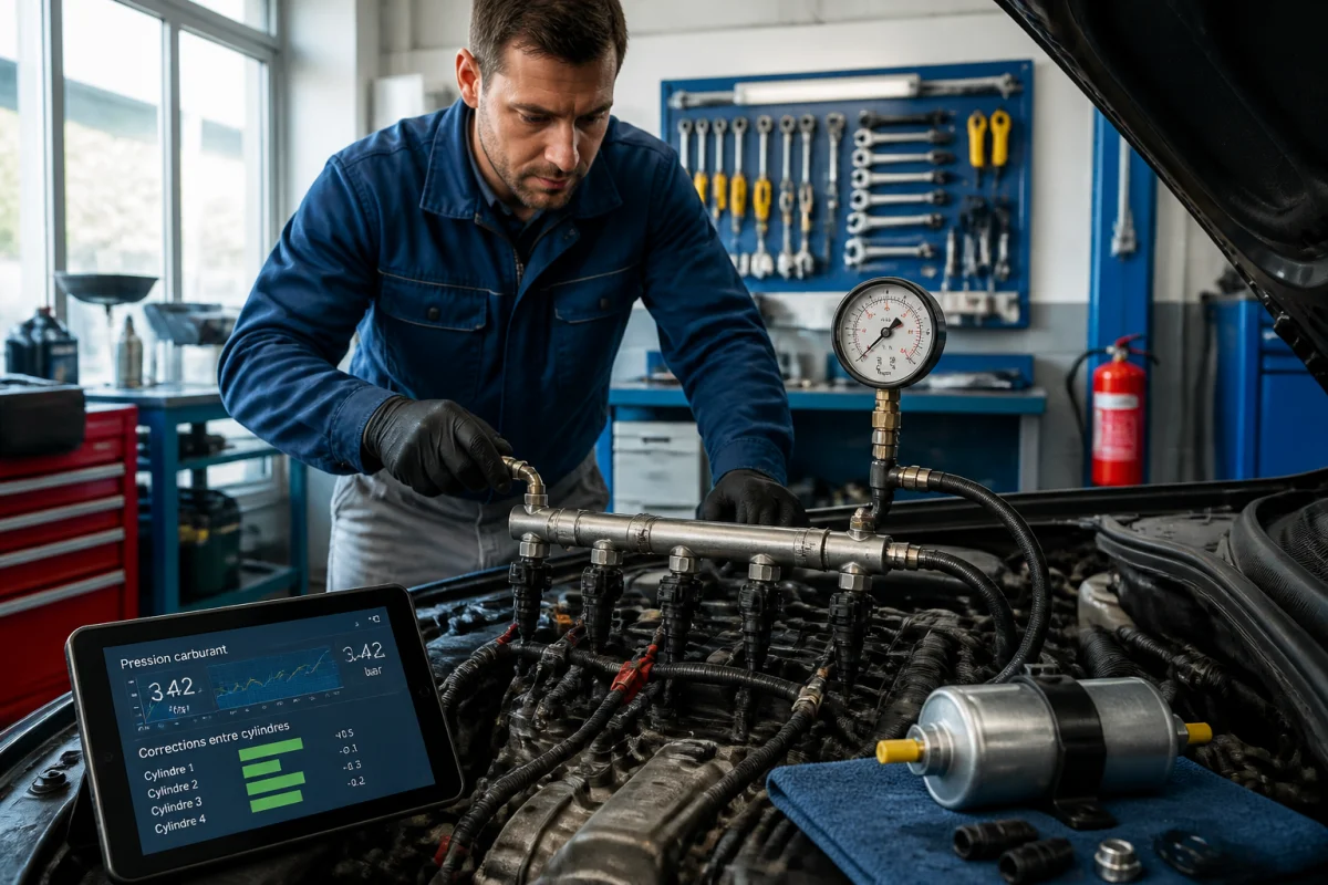 Technicien contrôlant l’entretien du système d’injection avec manomètre, injecteurs visibles et filtre à carburant neuf.