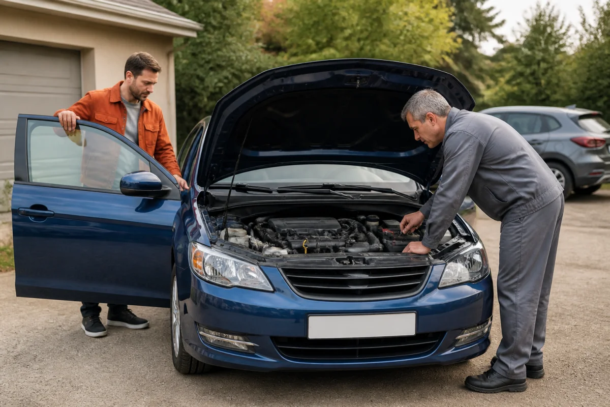 Entretien voiture avant achat : acheteur et mécanicien inspectant le moteur froid d’une voiture d’occasion.