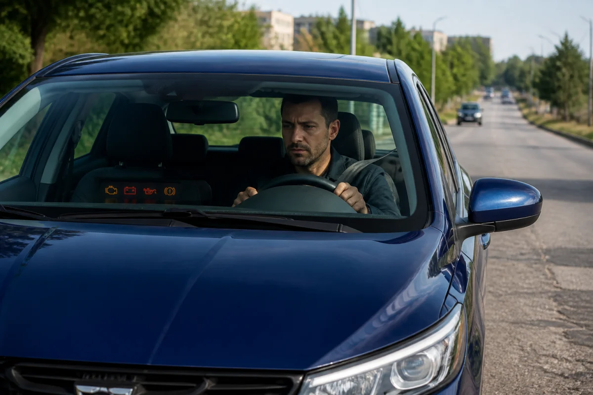 Conducteur inspectant une voiture d’occasion lors d’un entretien voiture avant achat sur une route périurbaine calme