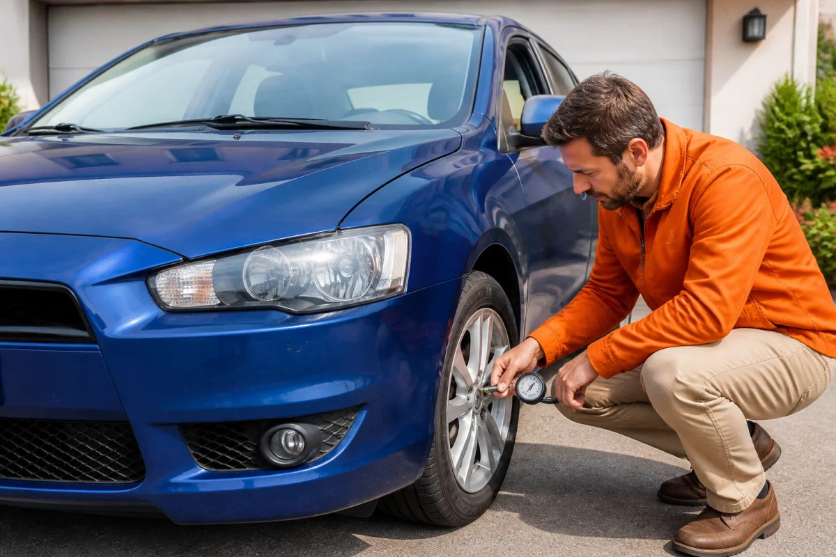 Entretien voiture avant contrôle technique : automobiliste vérifiant le pneu, la pression, le pare-brise et les essuie-glaces