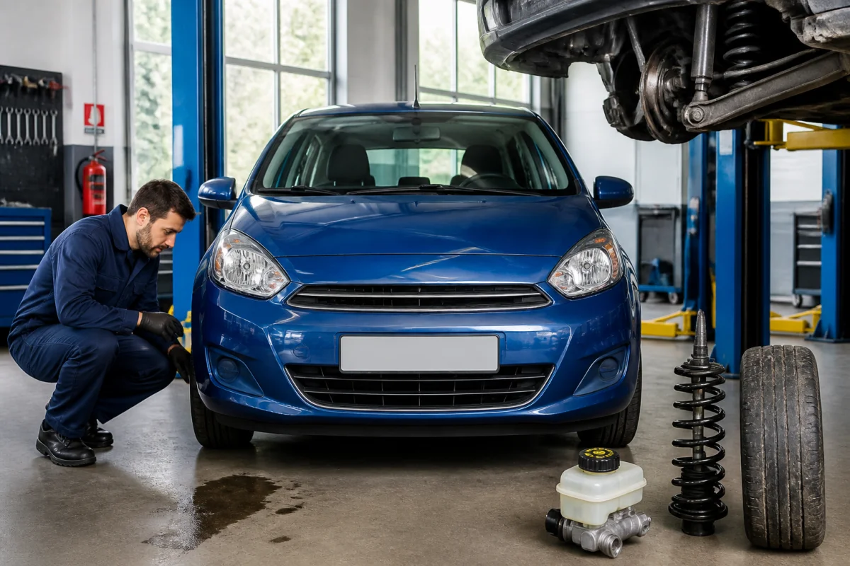 Entretien voiture avant contrôle technique : professionnel vérifiant freins, pneus, direction et suspension dans un garage automobile