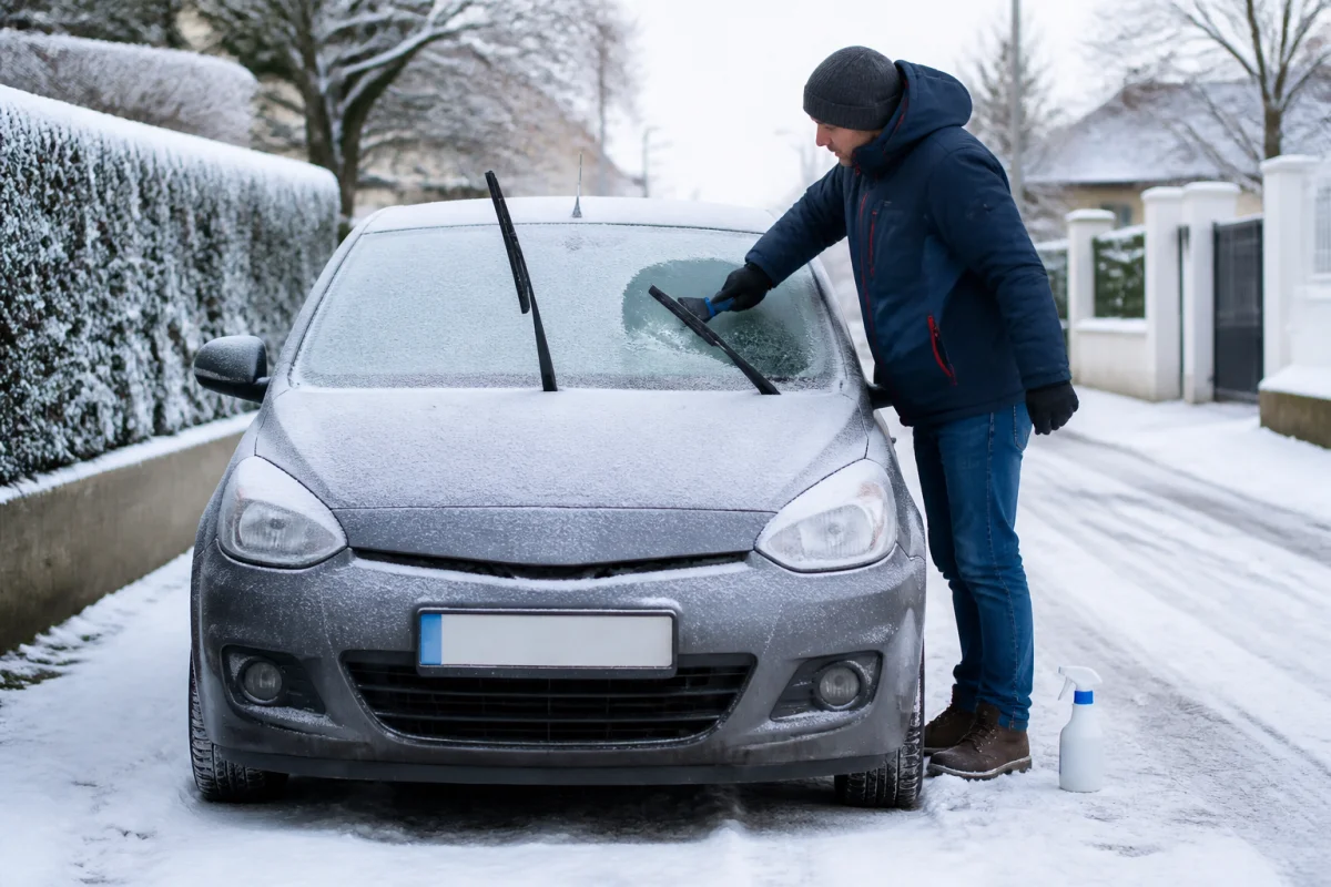 Entretien voiture en hiver : dégivrage du pare-brise d’une citadine enneigée avec grattoir et essuie-glaces relevés