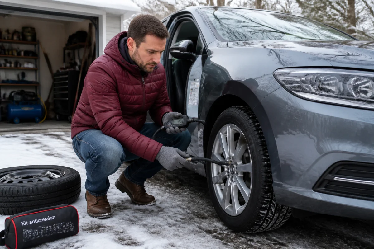 Contrôle de la pression d’un pneu avec un manomètre numérique lors de l’entretien d’une voiture en hiver