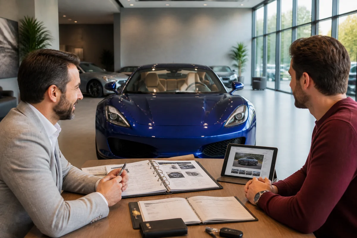 Exotic Cars accompagne la vente d’une voiture de sport haut de gamme en showroom avec dossier d’entretien ouvert