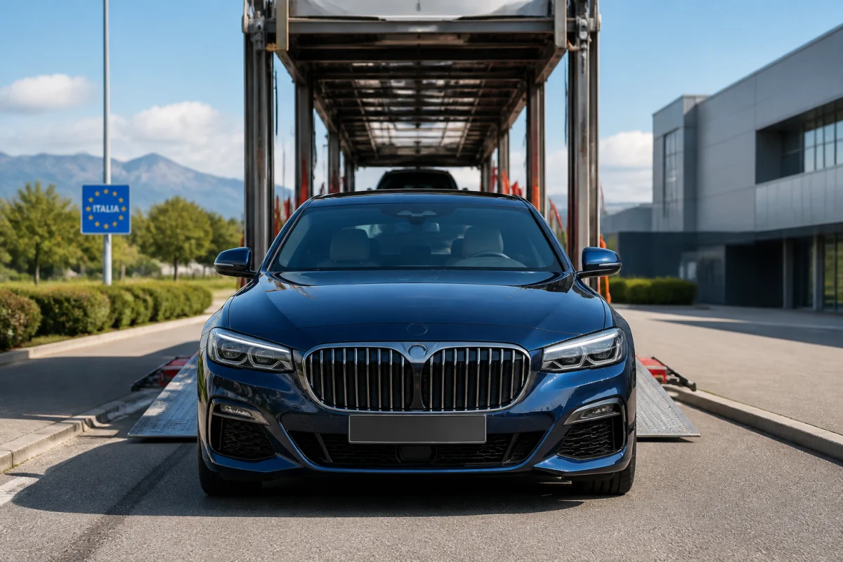 Exotic Cars accompagne un véhicule de prestige bleu devant un transporteur automobile européen moderne