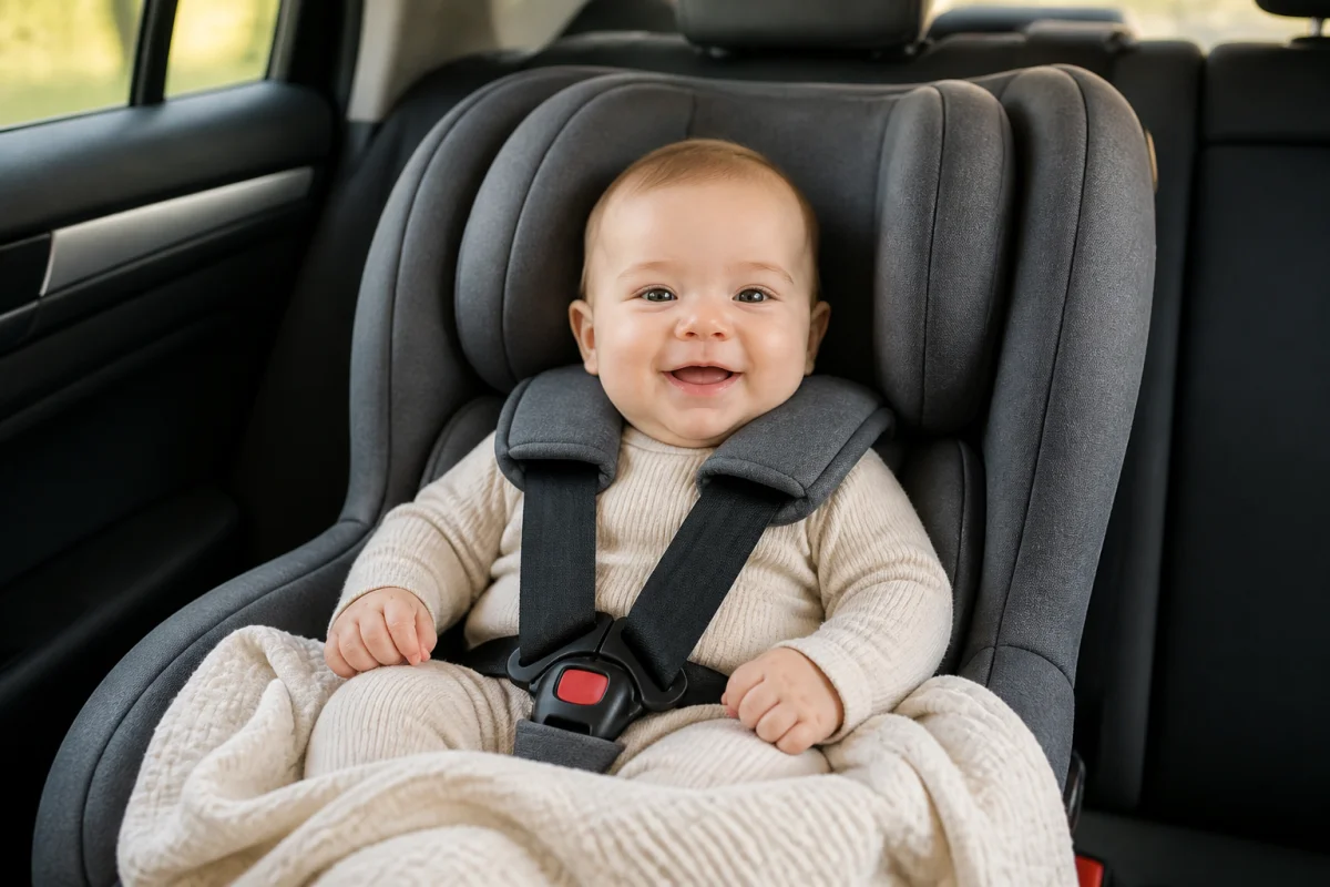 Bébé habillé pour un trajet en voiture, installé dans un siège auto avec harnais ajusté et vêtements peu volumineux