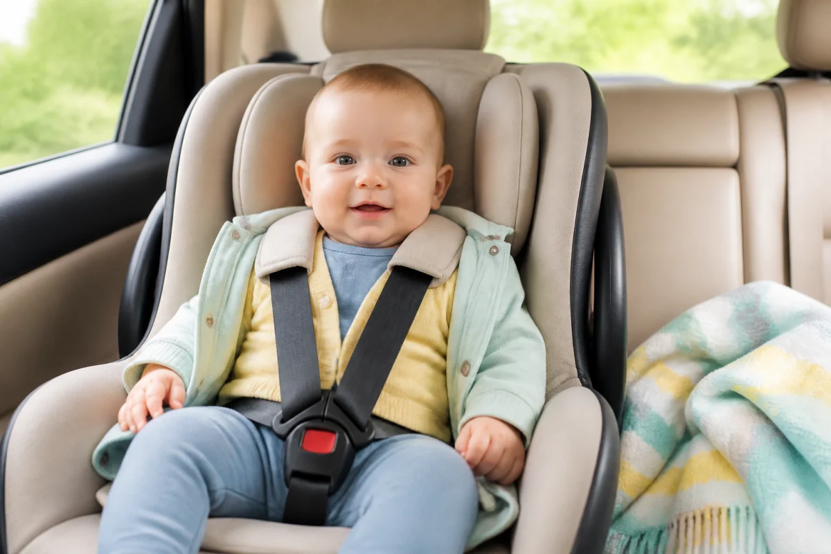 Bébé bien habillé pour un trajet en voiture, installé en sécurité dans un siège auto avec harnais ajusté