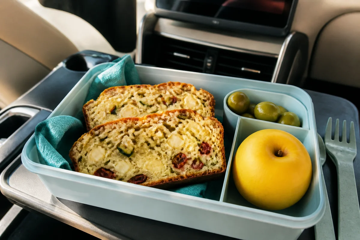 Idées de repas rapides en voiture avec cake salé aux courgettes, fromage et herbes, fruit frais et olives en boîte-repas