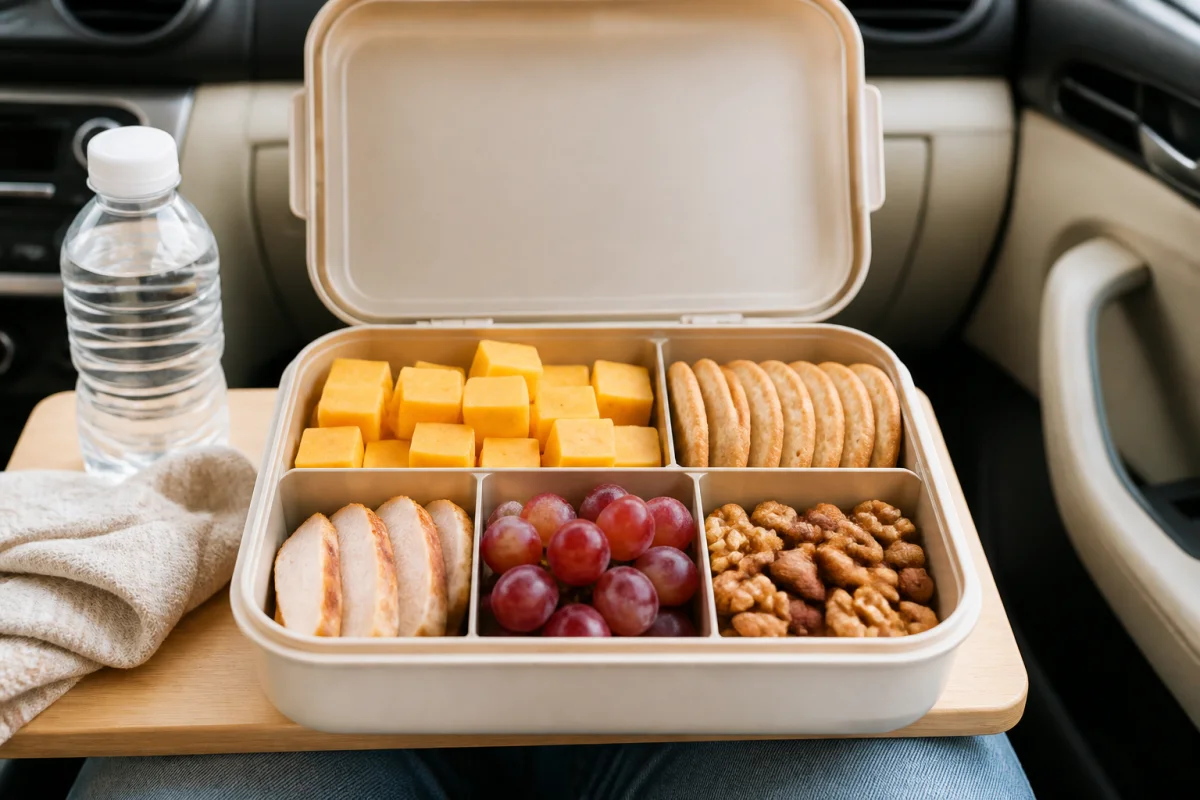 Idée repas rapide en voiture : boîte bento avec fromage, crackers, poulet, raisins et noix séparés en compartiments