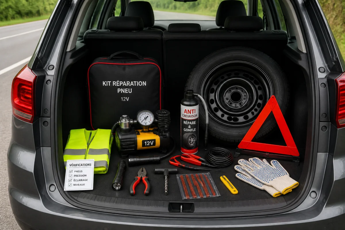 Kit de réparation pour réparer un pneu crevé sans garage, organisé dans le coffre ouvert d’une voiture stationnée.