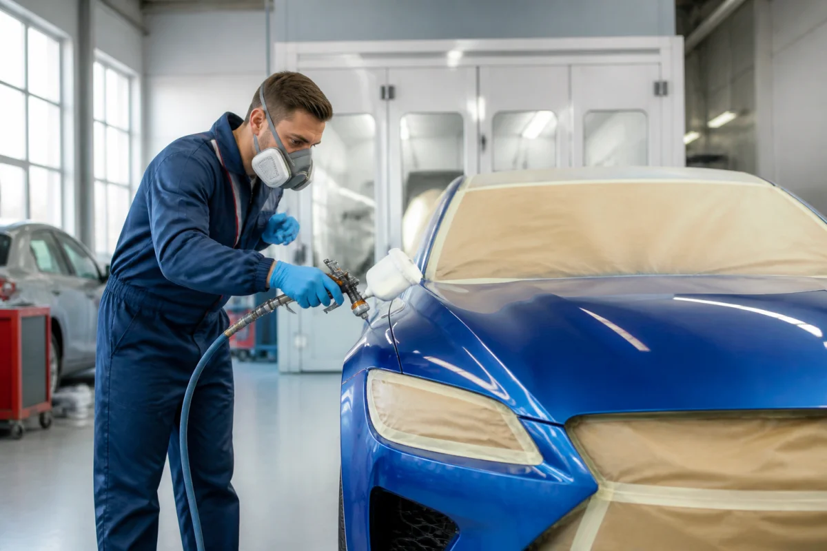 Technicien de La Louette Automobiles préparant la carrosserie d’une voiture moderne dans un atelier professionnel