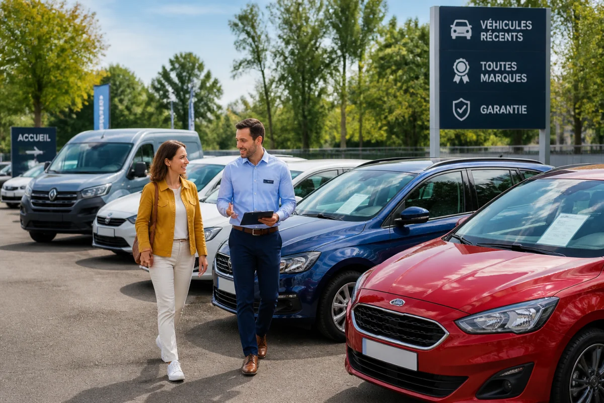 Cliente accompagnée d’un conseiller parmi des véhicules variés au parc automobile de La Louette Automobiles
