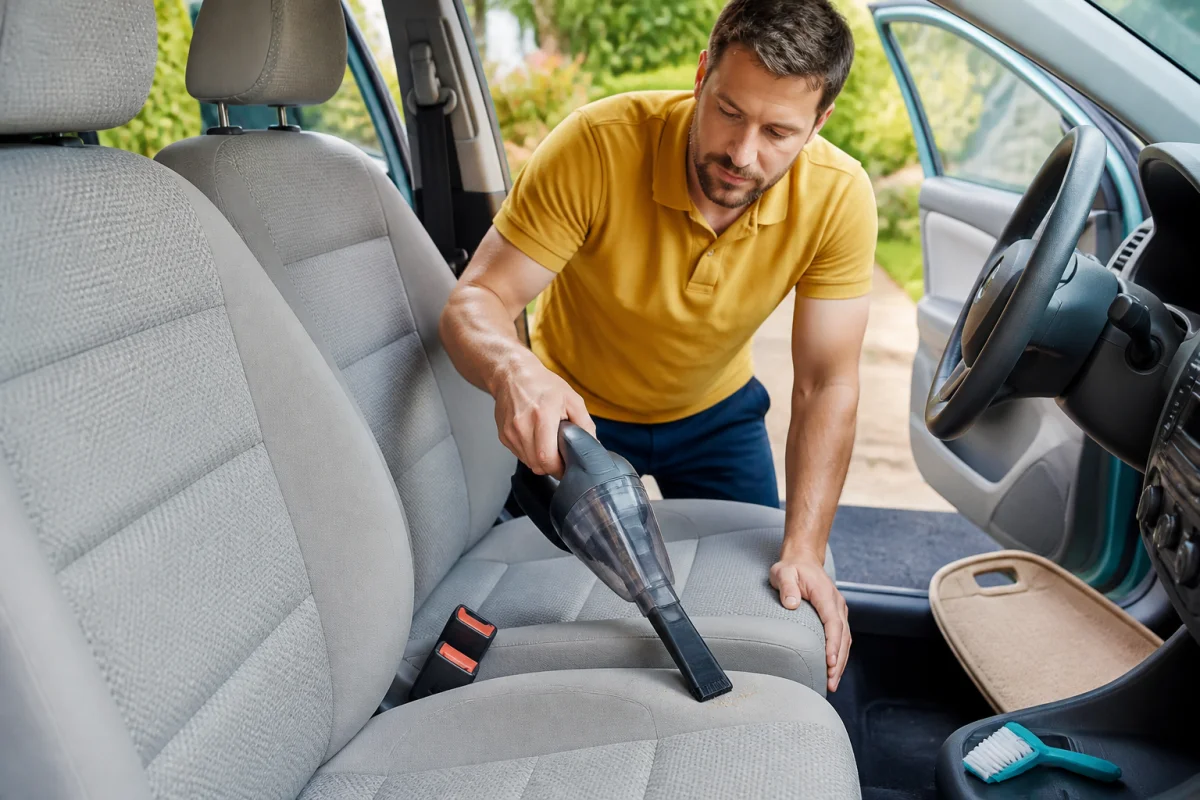 Personne aspirant soigneusement des sièges auto en tissu pour apprendre comment les nettoyer efficacement.