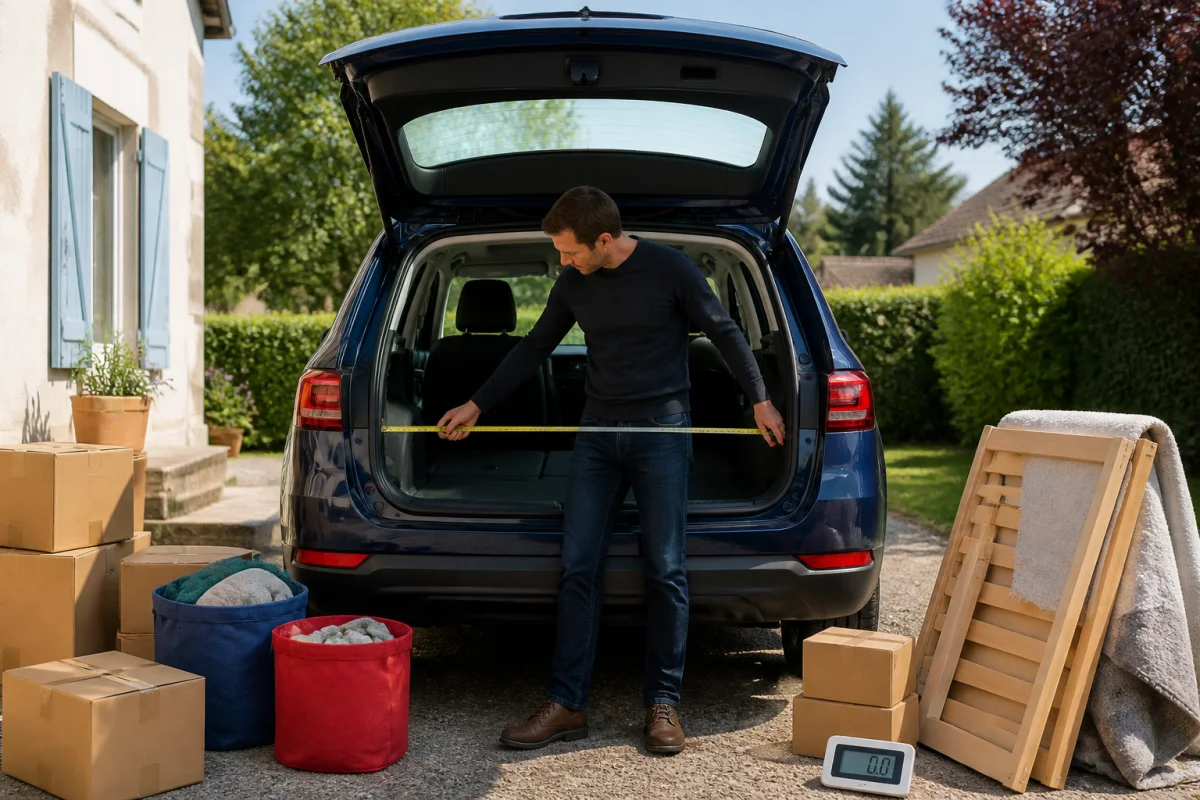 Organisation d’un déménagement en voiture : mesure du coffre ouvert entouré de cartons et meubles démontés