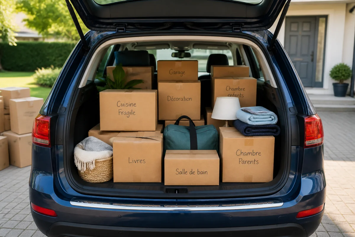 Coffre de voiture organisé pour un déménagement, avec cartons, couvertures et sacs facilement accessibles