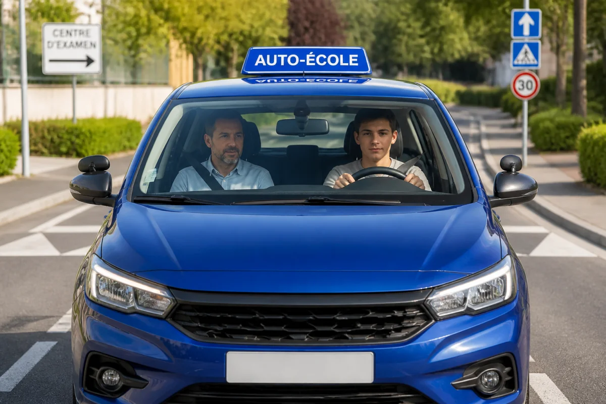 Candidat au volant d’une voiture à doubles commandes pour passer le permis en candidat libre devant un centre d’examen