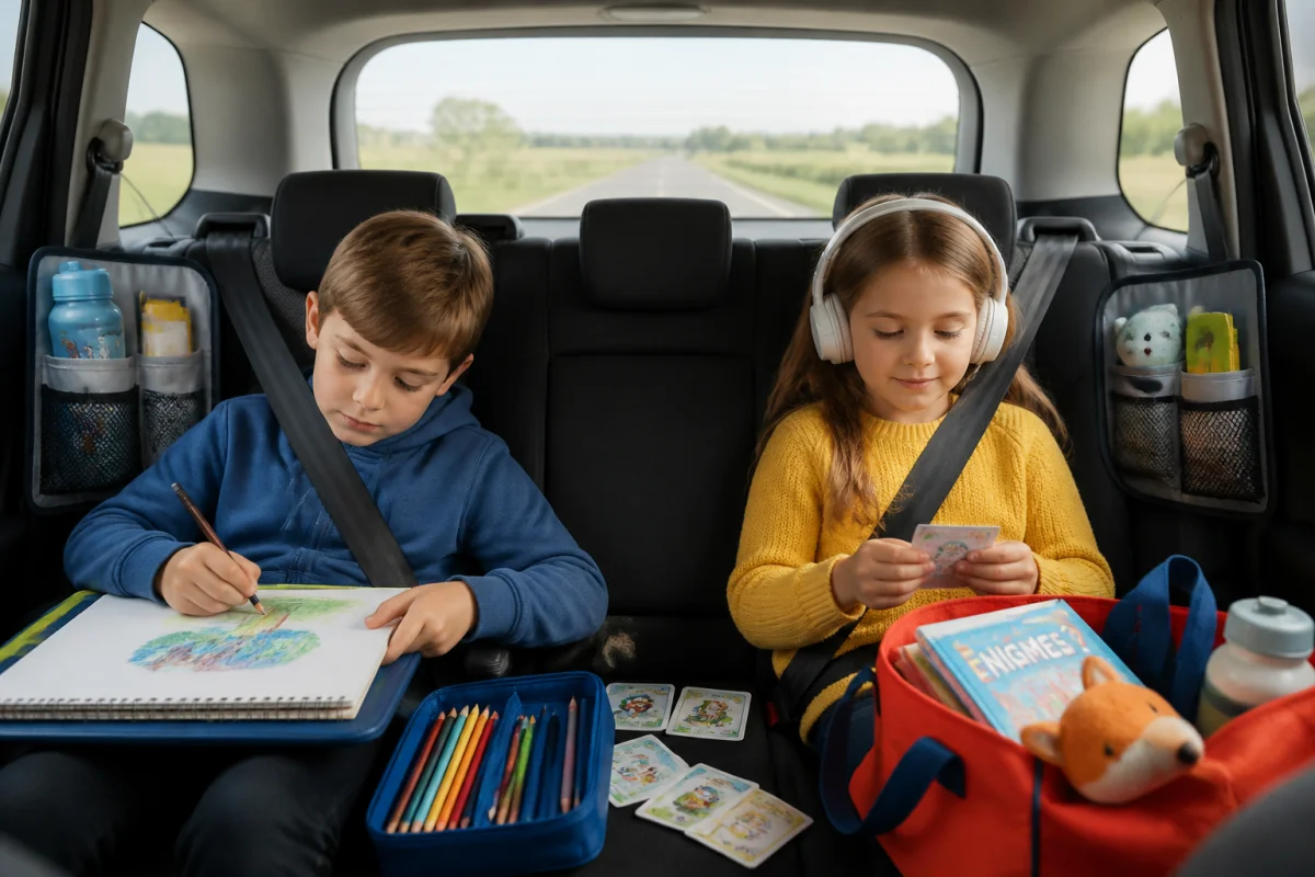 Enfants occupés calmement à l’arrière d’une voiture familiale pendant un long trajet sans stress