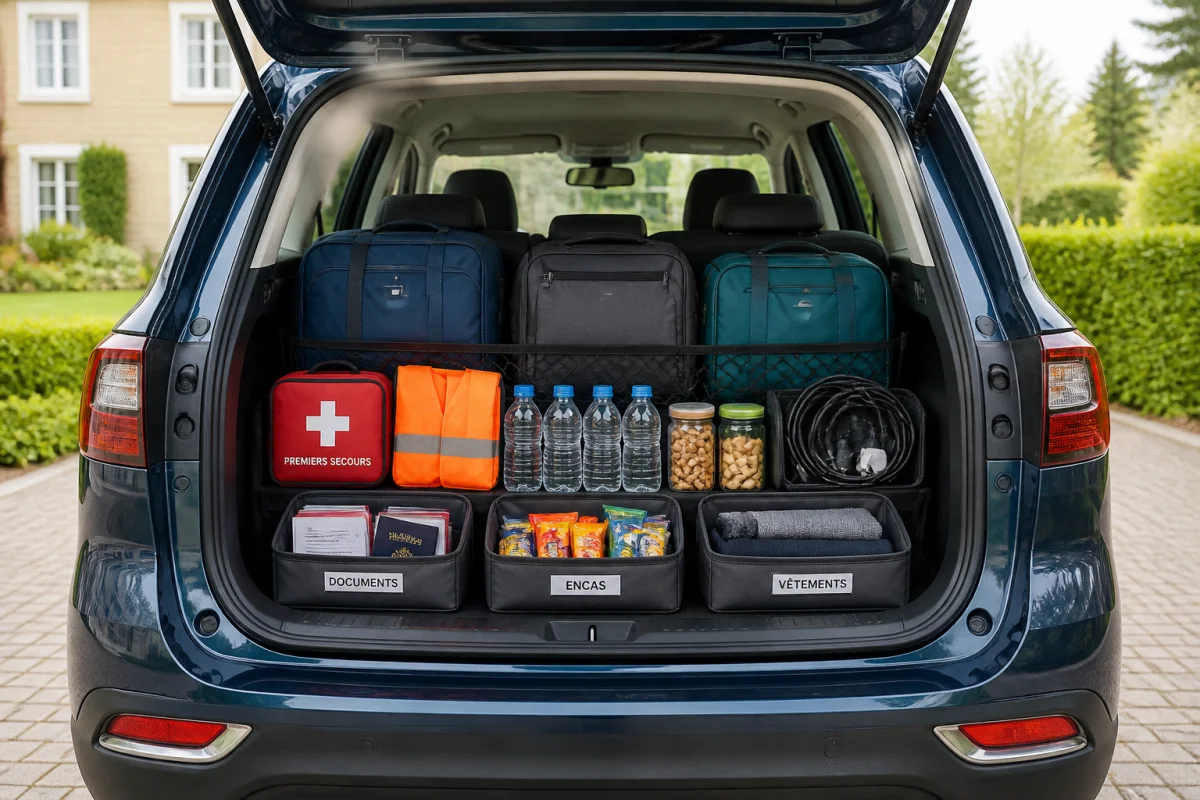 Coffre de voiture familiale organisé pour préparer un long trajet en voiture, avec bagages équilibrés, essentiels accessibles et équipements de sécurité