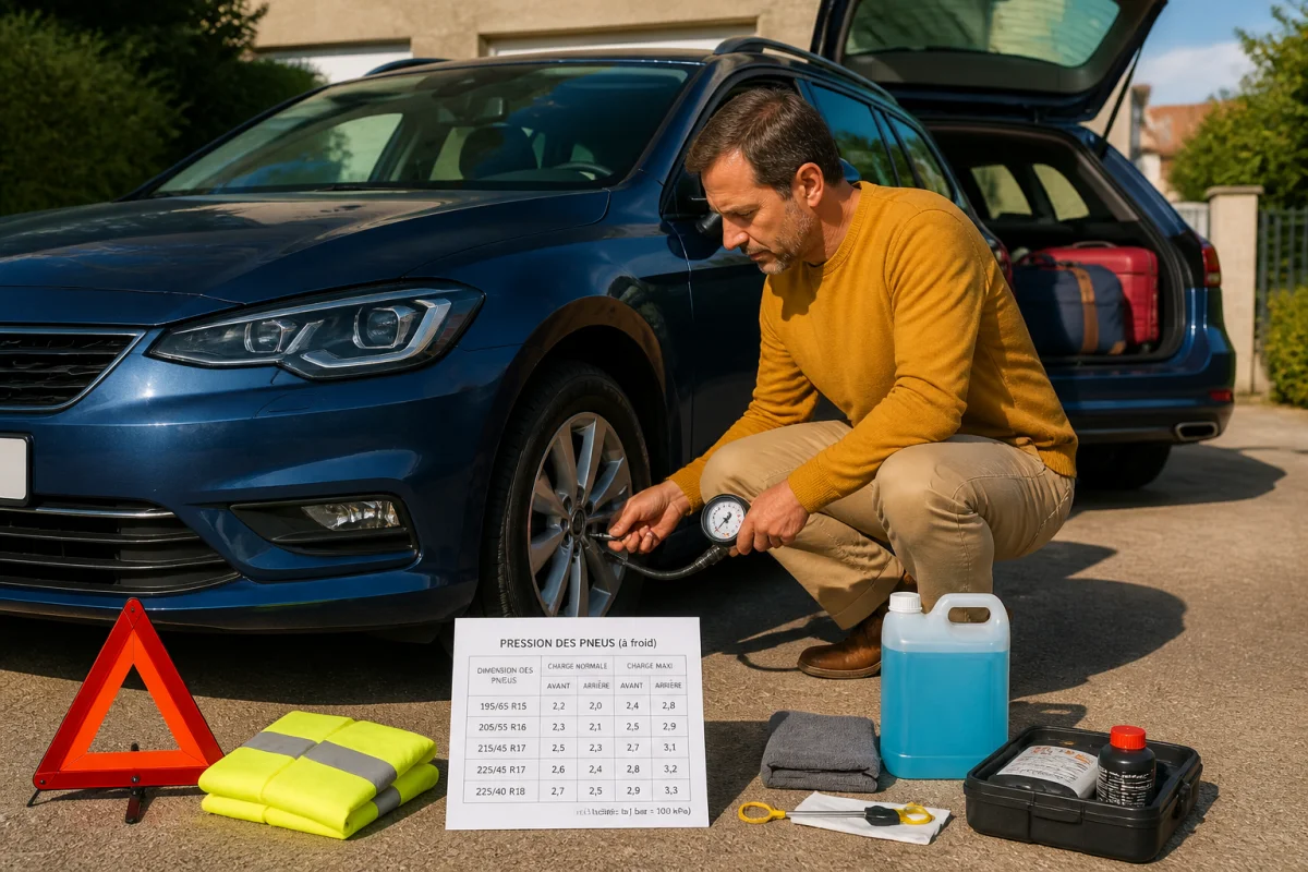 Conducteur préparant un long trajet en voiture, vérifiant un pneu, les équipements de sécurité et des bagages rangés.