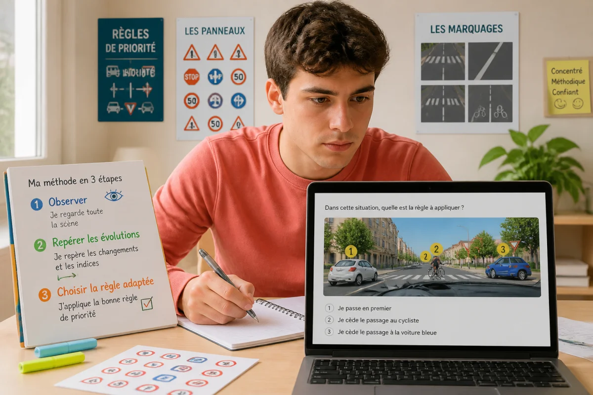 Jeune candidat préparant son permis de conduire, répondant à des questions du code avec une méthode en trois étapes