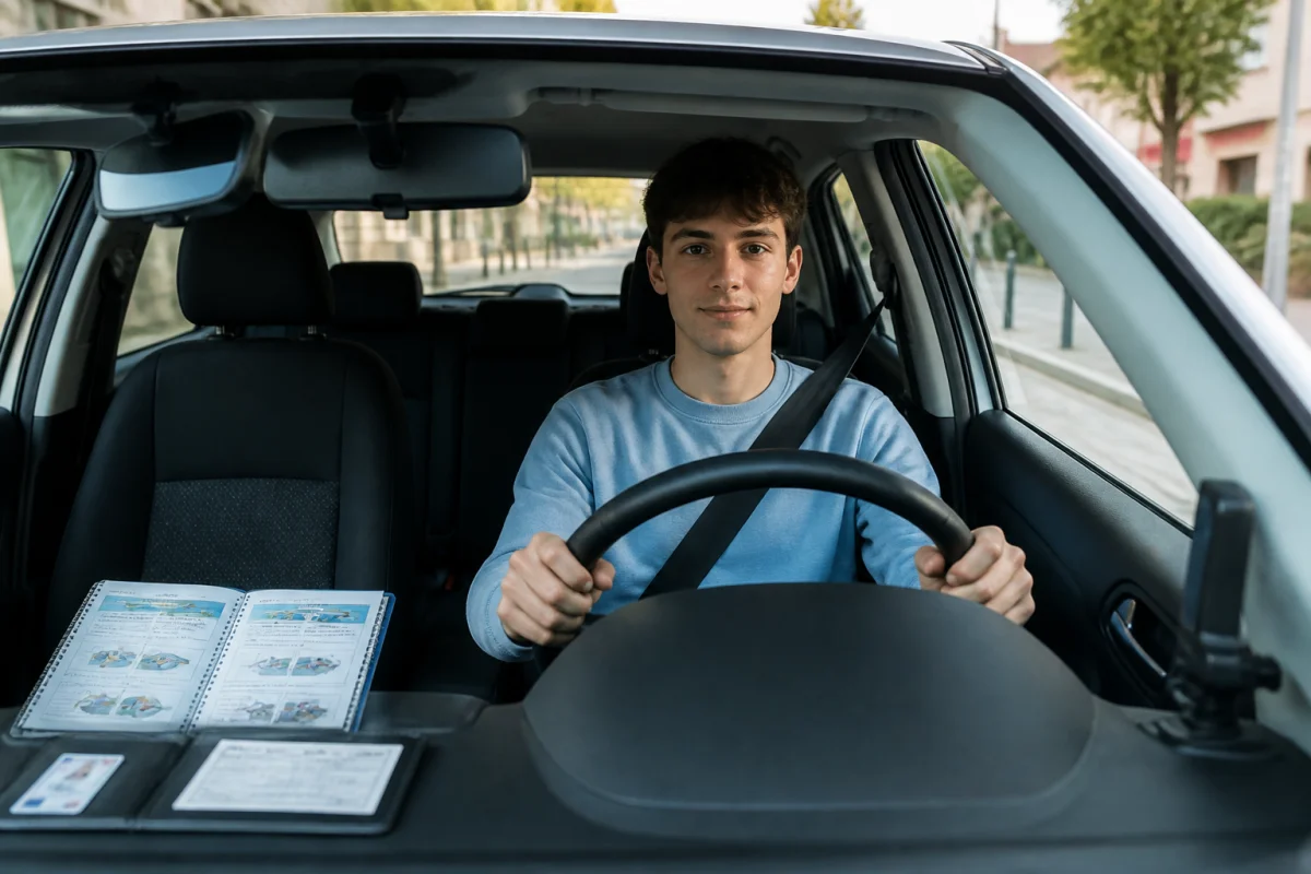 Jeune candidat concentré au volant d’une voiture-école, se préparant méthodiquement à son permis de conduire