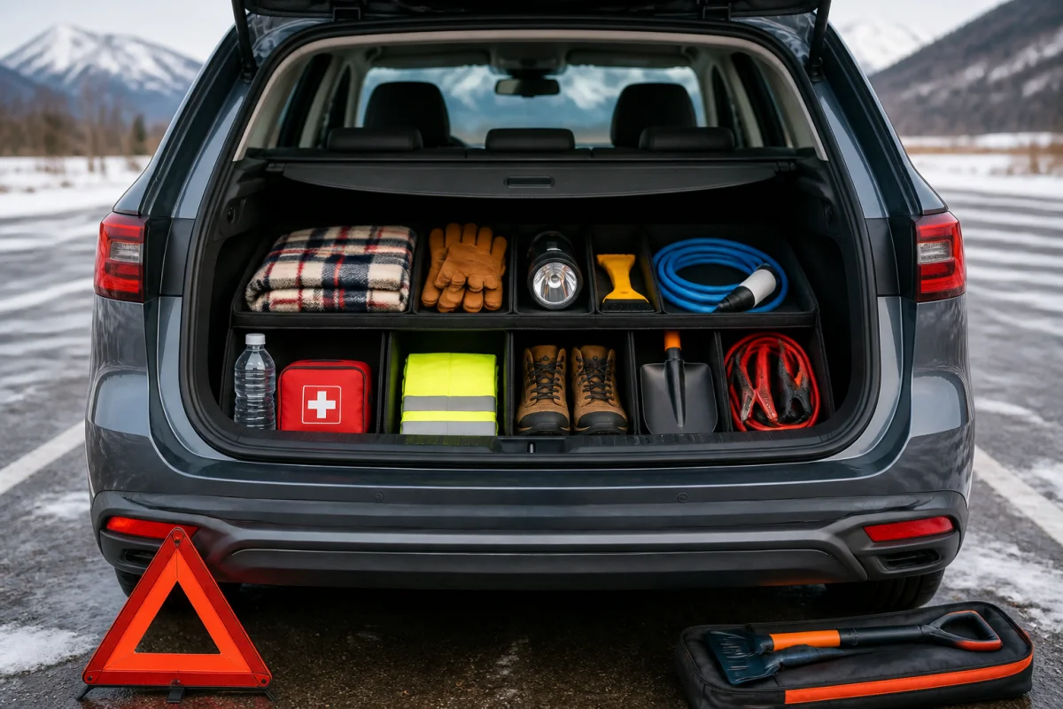 Coffre de voiture organisé avec équipements essentiels pour préparer sa voiture pour l’hiver, sur une aire enneigée montagneuse