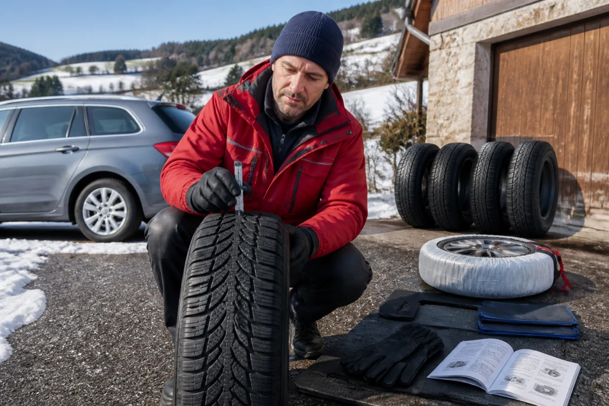 Préparer sa voiture pour l’hiver : conducteur vérifiant un pneu hiver avec une jauge et une chaîne textile.