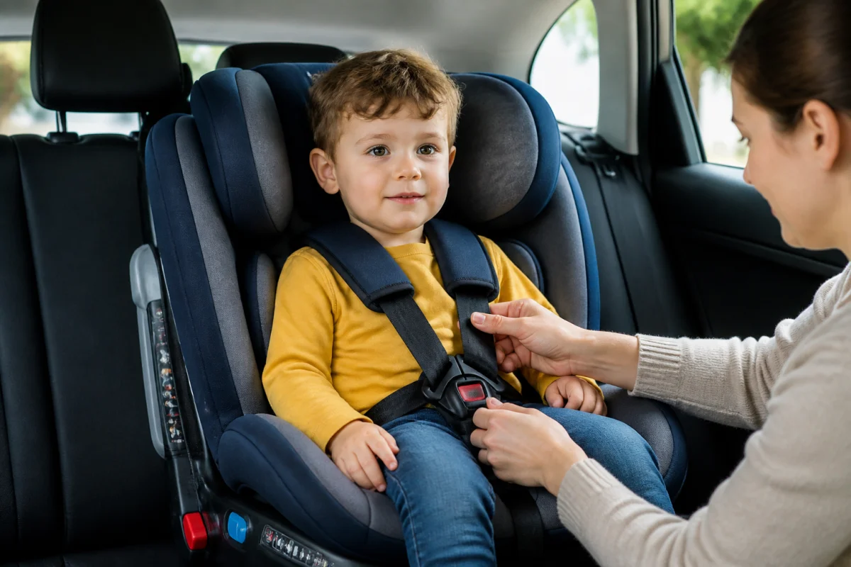 Adulte ajustant correctement l’inclinaison et le harnais d’un siège auto où est assis un jeune enfant