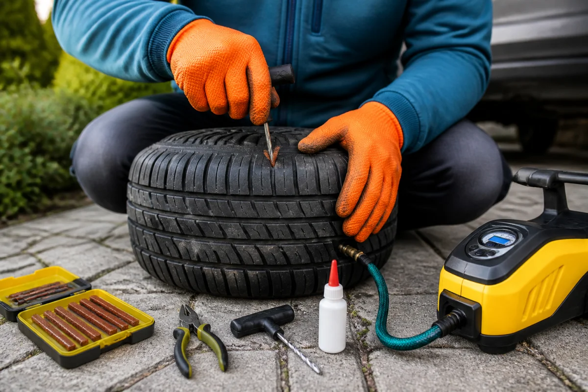 Réparation d’un pneu crevé sans garage avec mèche, outil d’insertion et compresseur 12 volts devant un véhicule