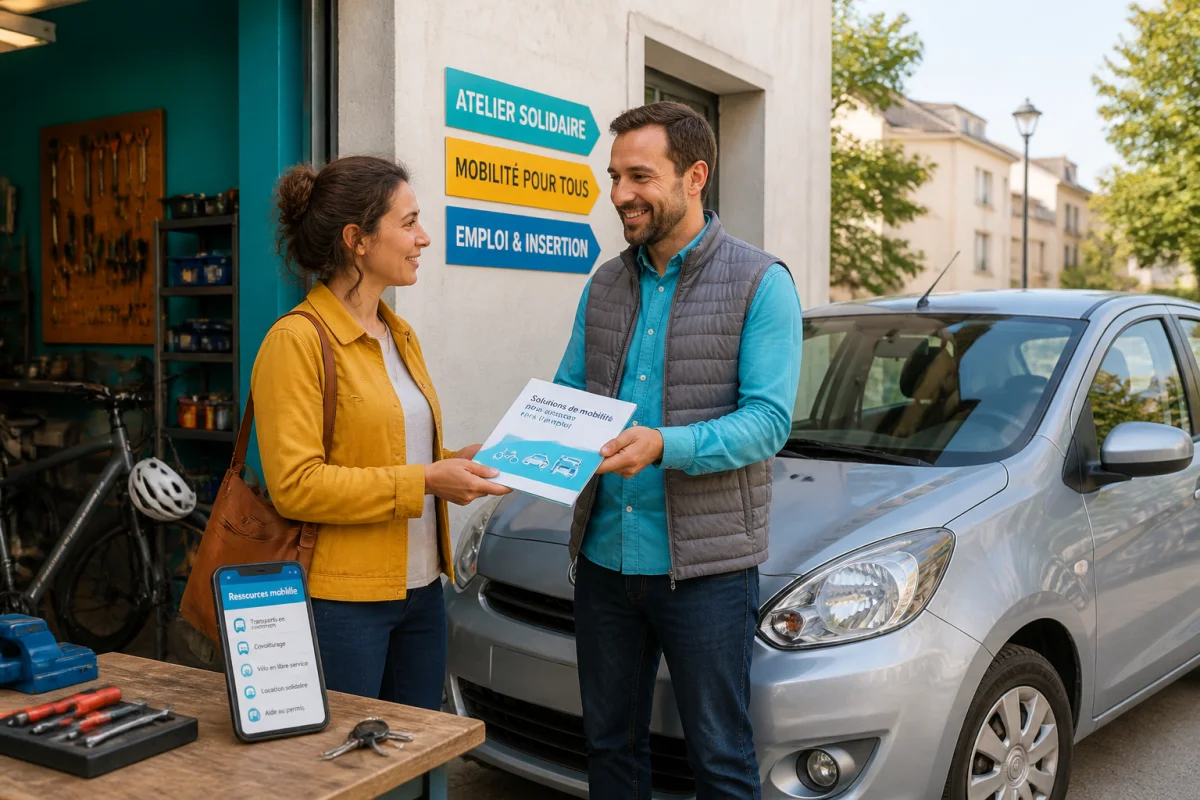 Solidarauto49 accompagne une demandeuse d’emploi devant une voiture d’occasion, avec un conseiller en mobilité solidaire.